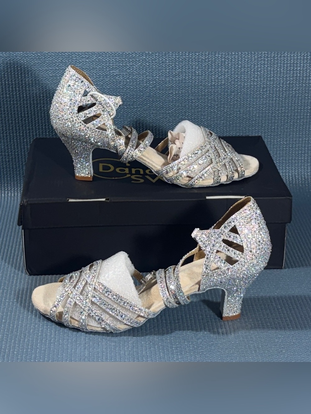 Danceandsway Silver Glitter Rhinestone Latin Ballroom Dance Heels Women’s Sz 8.5